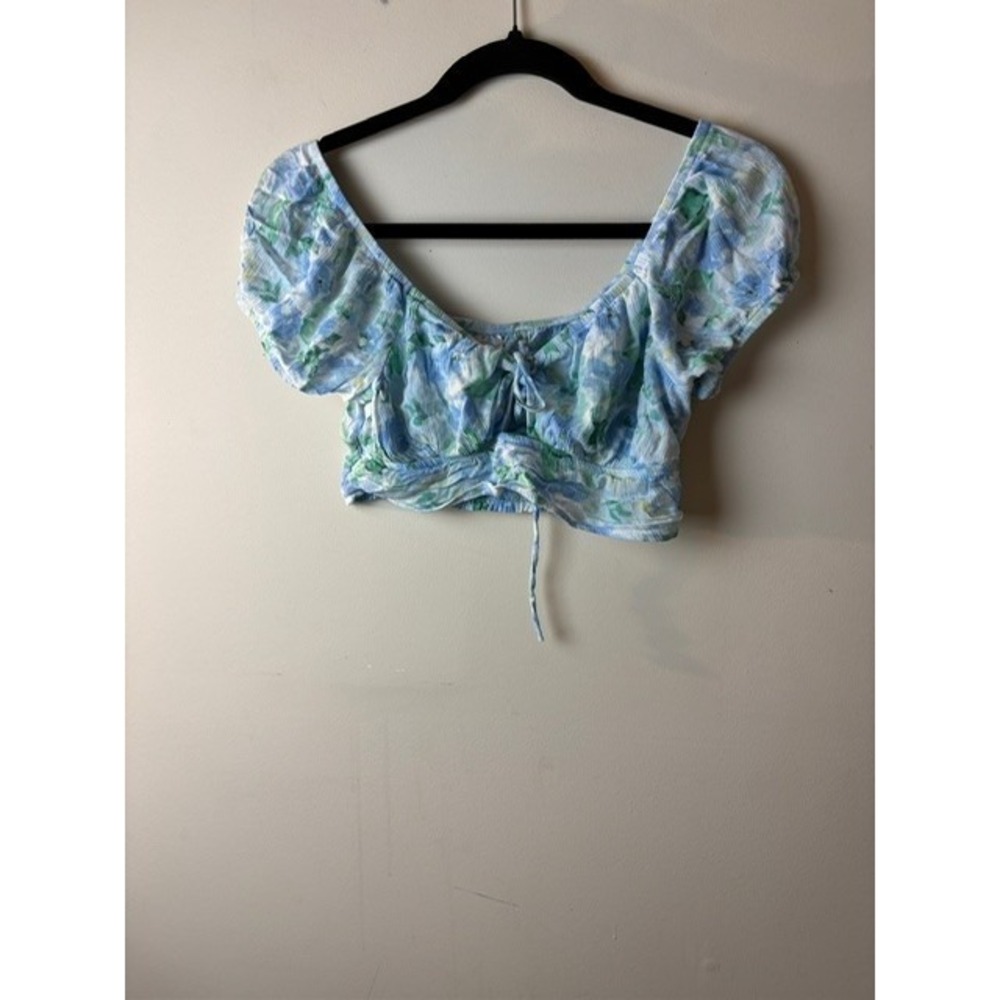 Womens S (3-5) Cropped Top Blue Floral Smocked Off The Shoulder Cottagecore‎